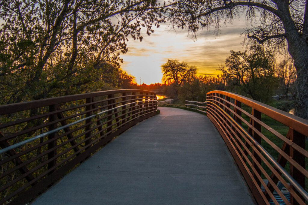 Evening sunset over path over a bridge
